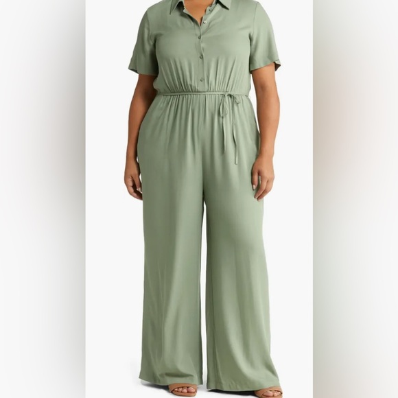 Caslon Tie Waist Jumpsuit Button Down Front Romper Short Sleeve Womens Size 2X - Picture 1 of 11